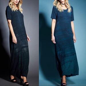 Gypsy 05 Dark Navy Flowy Textured Scoop Neck Short Sleeve Maxi Dress